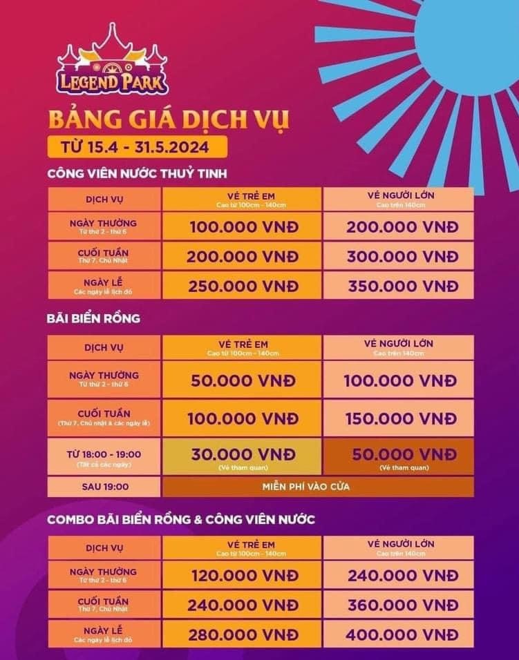 Bảng giá dịch vụ công viên Legend Park Hải Phòng