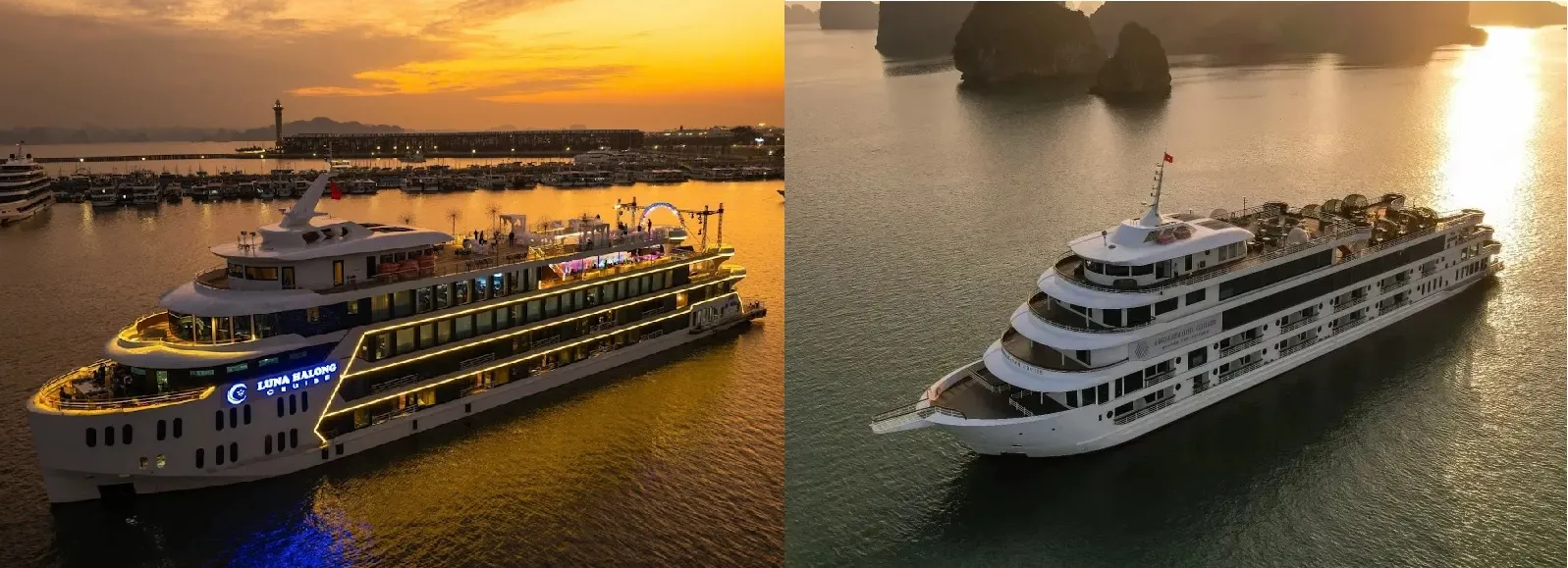 Du thuyền Luna Hạ Long (trái) và Ambassador II (phải là những du thuyền biểu tượng cho dòng tour thăm vịnh Hạ Long 8 tiếng hiện nay