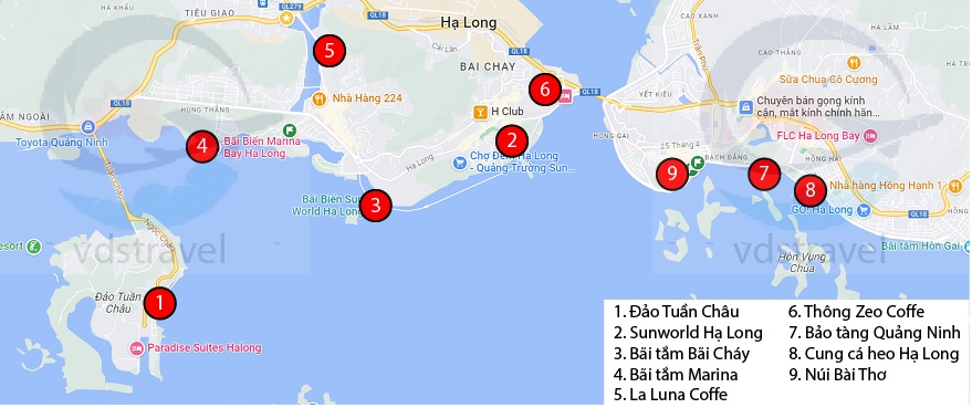 Bản đồ các điểm tham quan du lịch nổi bật tại thành phố Hạ Long