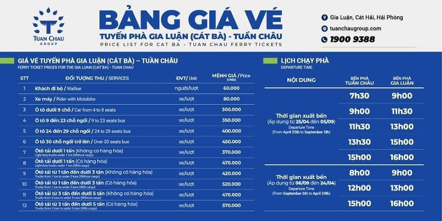 Bảng giá vé và lịch chạy phà Tuần Châu - Cát Bà