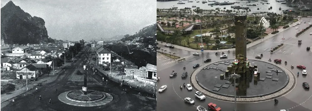 Cột đồng hồ xưa (trái) và nay (phải) là trung tâm của thị xã Hòng Gai tiền thân của thành phố Hạ Long