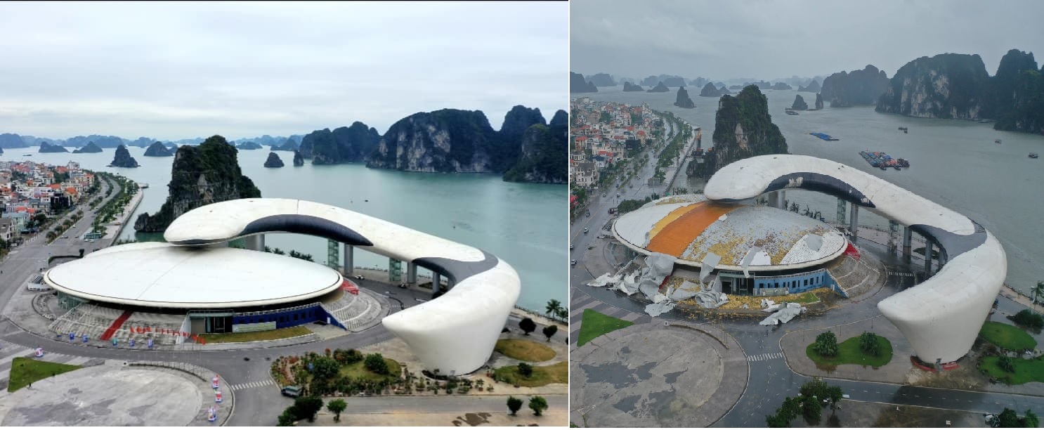 Cung cá Heo Hạ Long tan hoang sau bão Yagi, khi một phần tôn và cửa kính cường lực bị vỡ nát