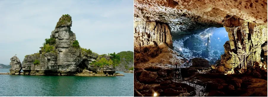 Hòn Xếp (trái) và hang Sửng Sốt (phải) là kết quả của lịch sử phát triển địa chất phức tạp kéo dài hơn 500 triệu năm