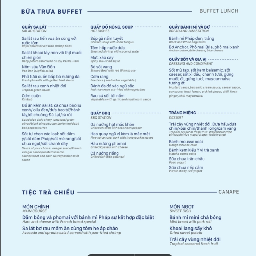 Menu buffet du thuyền vịnh bái tử long