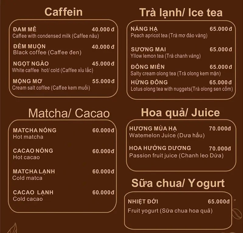 Menu đồ uống tại Thông Zeo