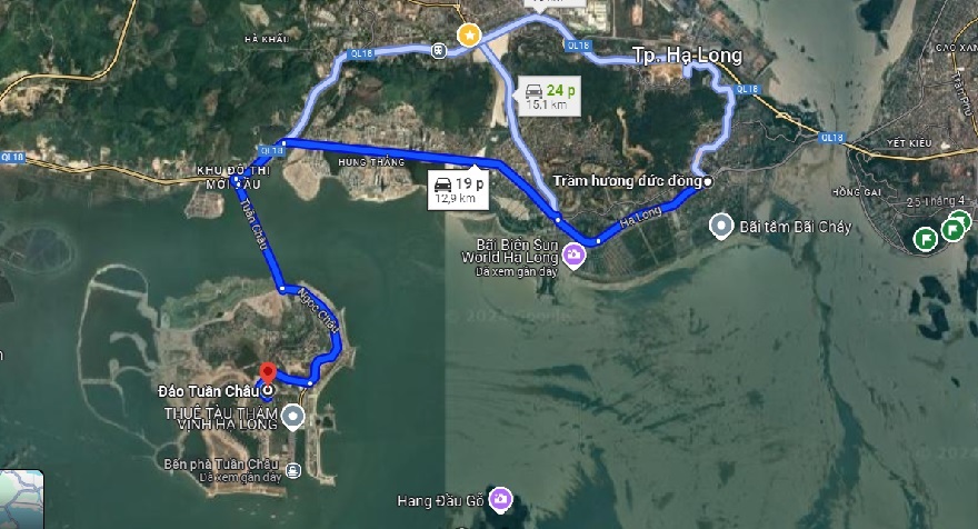 Tuần Châu chỉ cách trung tâm du lịch thành phố Hạ Long (Bãi Cháy) khoảng 12Km (Bản đồ Google Map)