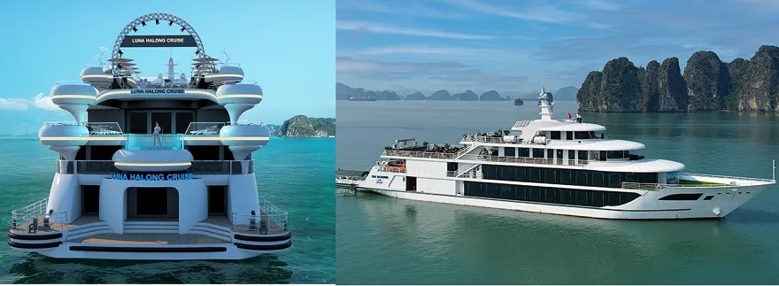 So sánh du thuyền Luna Hạ Long (trái) với Sea Octopus (phải) cho thấy sự đồ sộ và bề thế của Luna Cruise