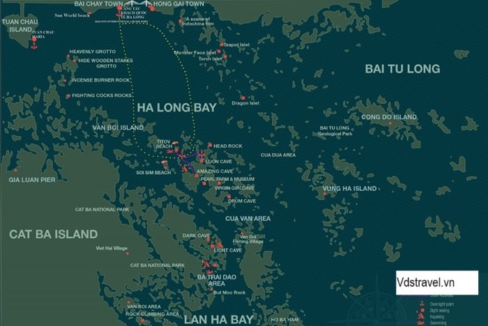 Bản đồ tour thăm Vịnh 6 tiếng đi qua các điểm: Hòn Gà Chọi - Hòn Ngón tay - Hòn Thiên Nga - Hang Sửng Sốt và Đảo Titop