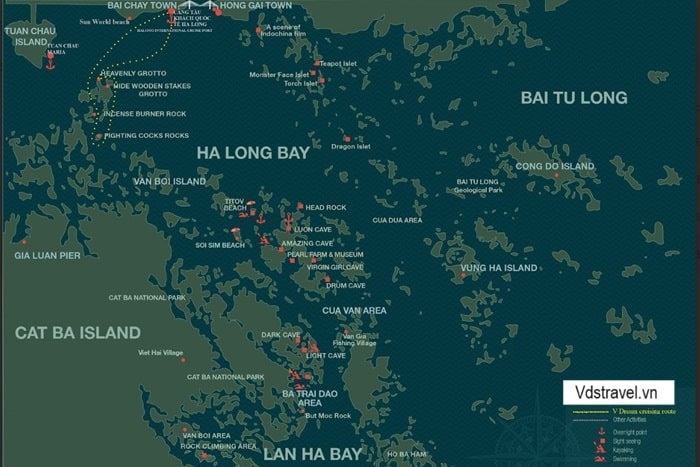 Bản đồ tour thăm vịnh 4 tiếng với các điểm đến: Hòn Chó Đá - Đỉnh Hương - Ba Hang - Gà Chọi -- Đọng Thiên Cung