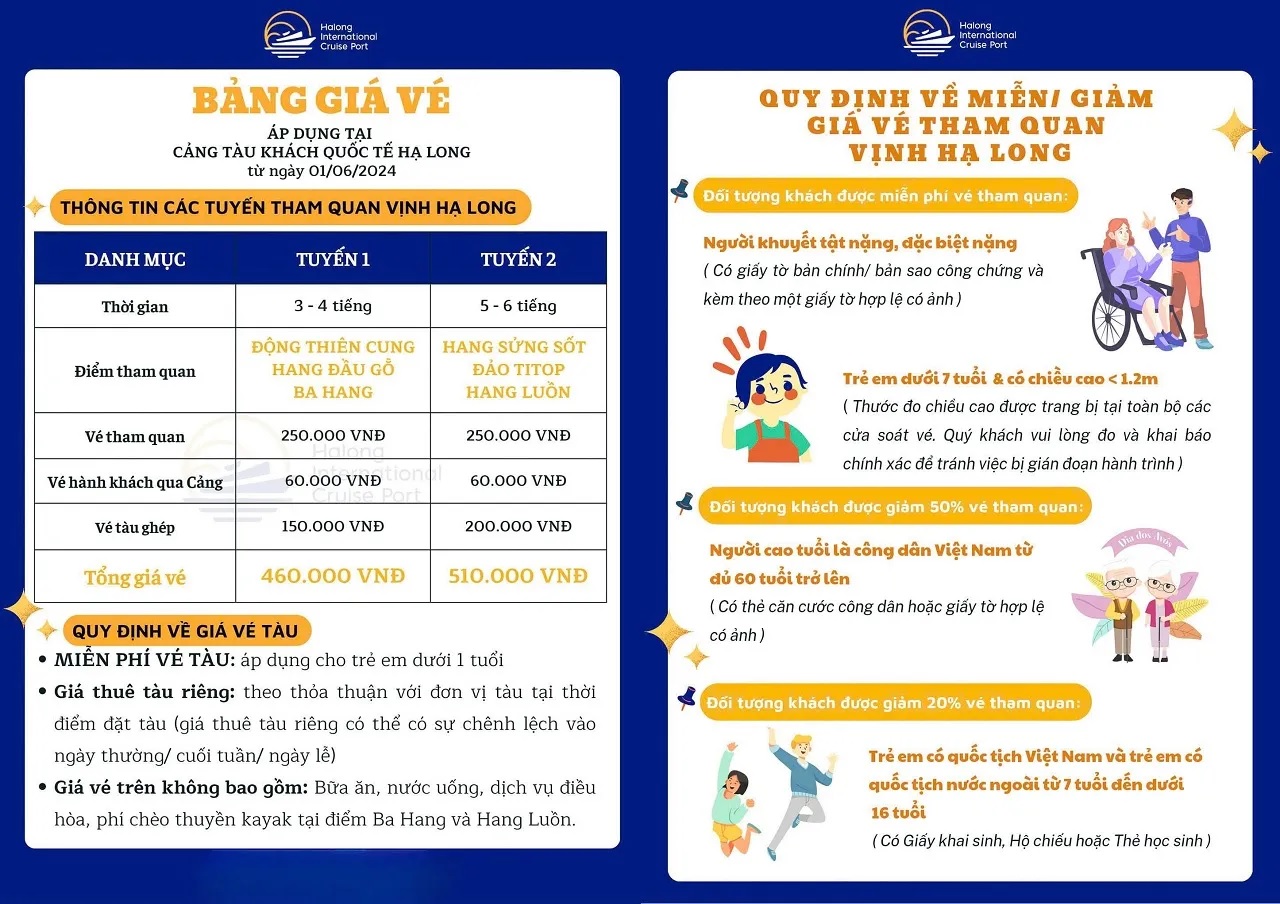 Bảng giá vé và điều kiện giảm giá tàu thăm vịnh Hạ Long