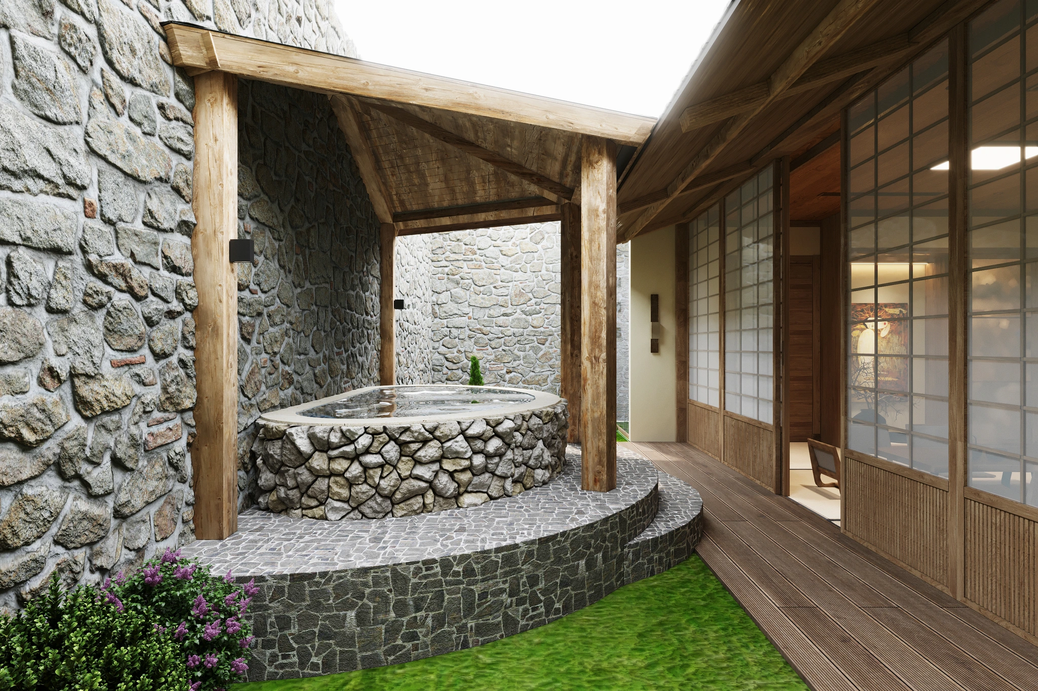 Hồ ngâm khoáng nóng lộ thiên bằng đá tự nhiên phong cách Nhật Bản tại tổ hợp Ruriko Onsen Flamingo Ibiza Hải Tiến