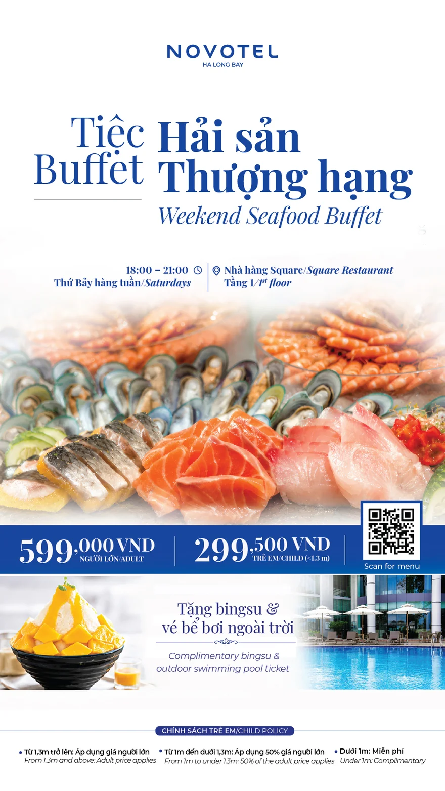 Đại tiệc buffet hải sản thượng hạng tối Thứ Bảy tại Nhà hàng The Square nơi hội tụ các loài hải sản tươi sống đặc trưng của vùng biển Quảng Ninh.