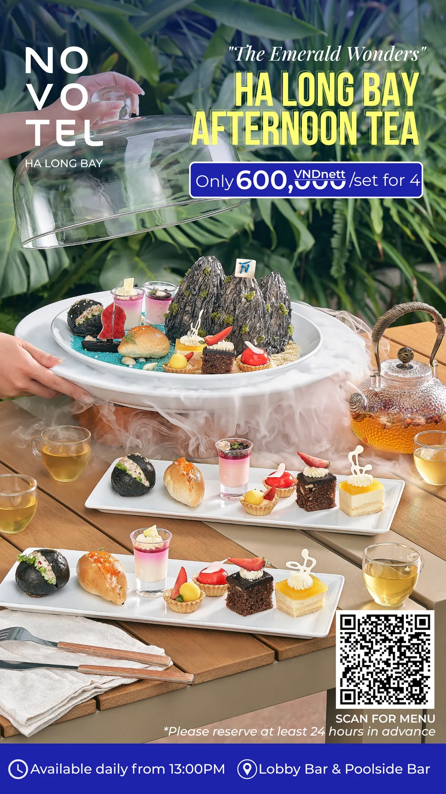 Set tiệc trà chiều hoàng gia Hương Sắc Vịnh Kỳ Quan với tuyệt tác tạo hình Tam Đảo Kỳ Vĩ và các loại bánh ngọt tinh tế bên vịnh di sản.
