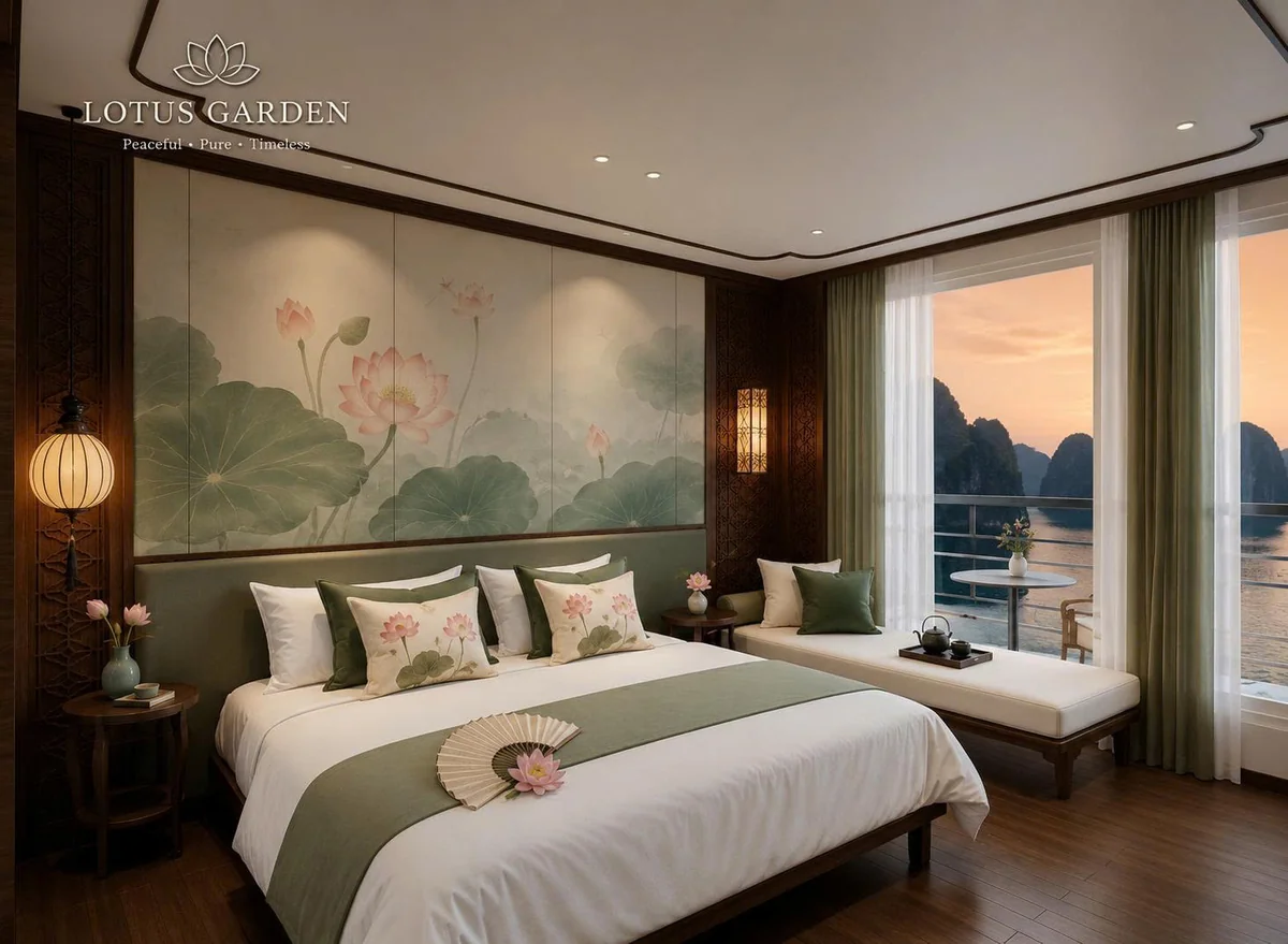 Cabin Lotus Garden tầng 2 với họa tiết hoa sen thanh nhã và ban công ngắm vịnh