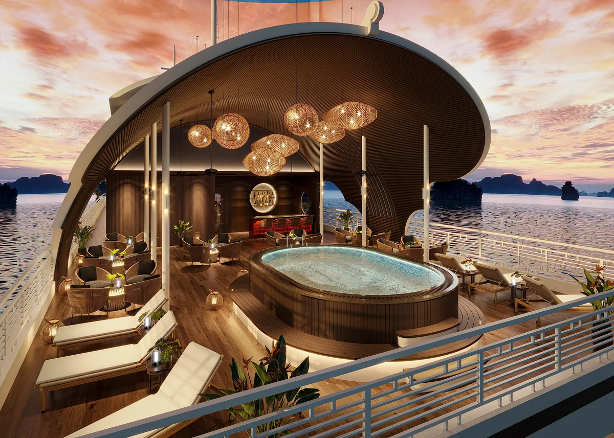 The Bay Lounge và quầy Bar ngoài trời trên Sundeck ngắm hoàng hôn vịnh di sản